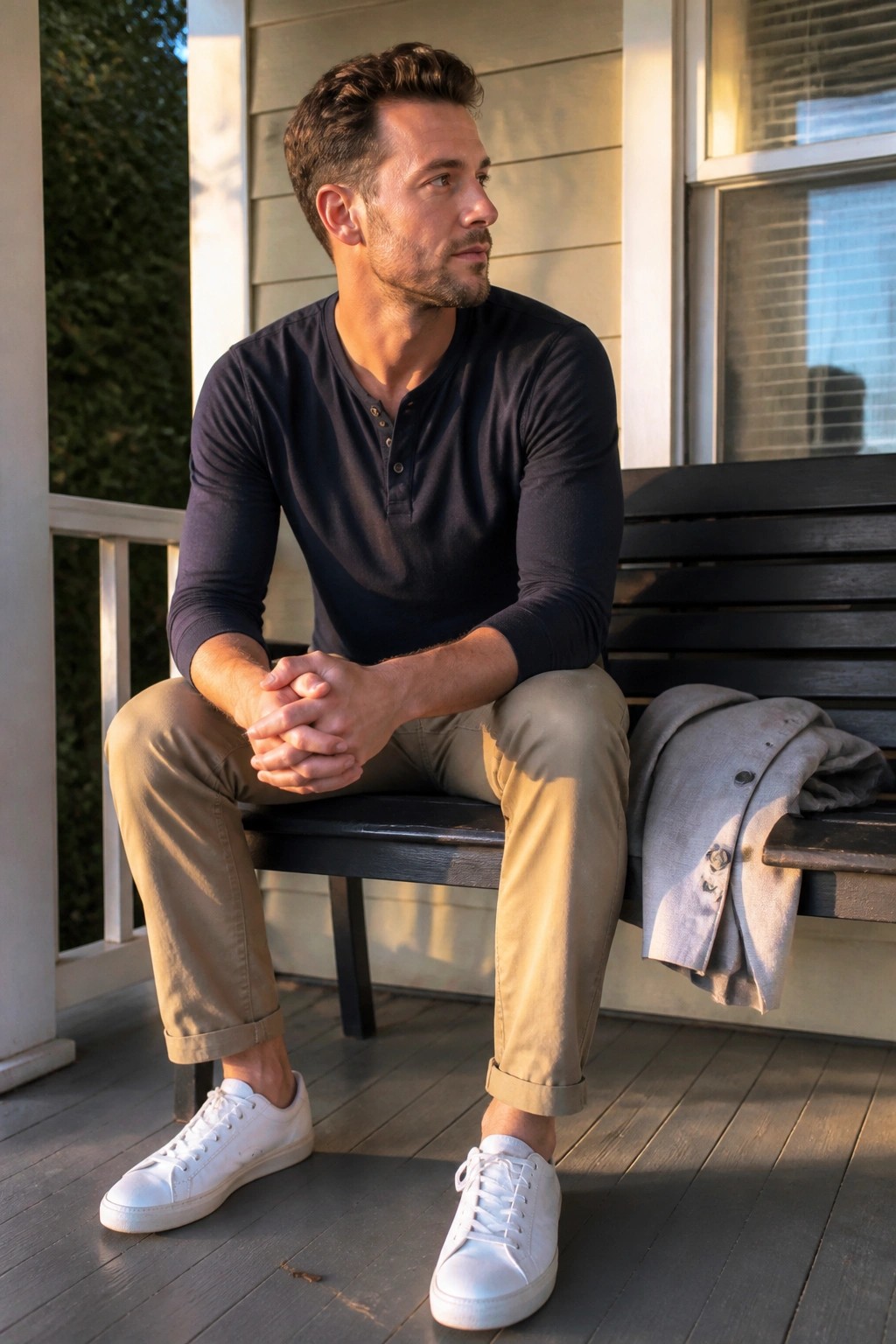 Man in navy henley and khakis sits on porch bench with hands clasped.
