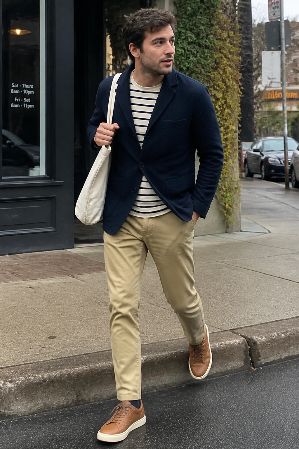 Man in navy blazer, striped shirt, khaki pants, brown sneakers holding beige tote bag.
