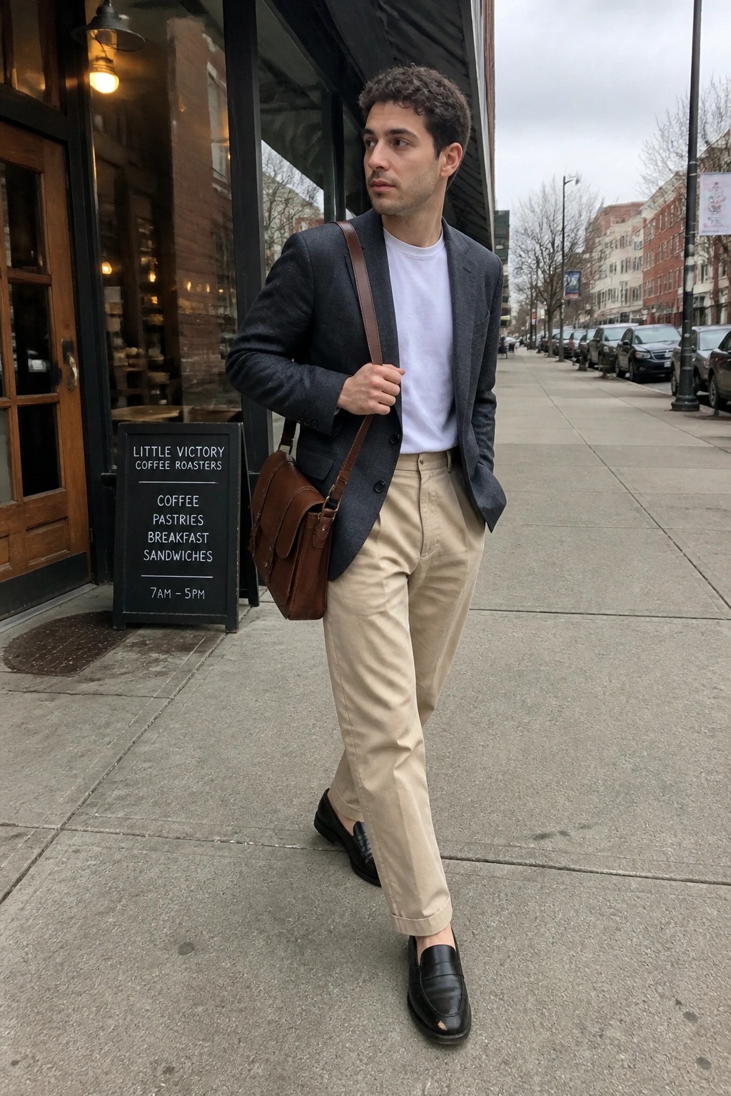 Man in gray blazer, white t-shirt, beige pants, black loafers with brown bag on sidewalk