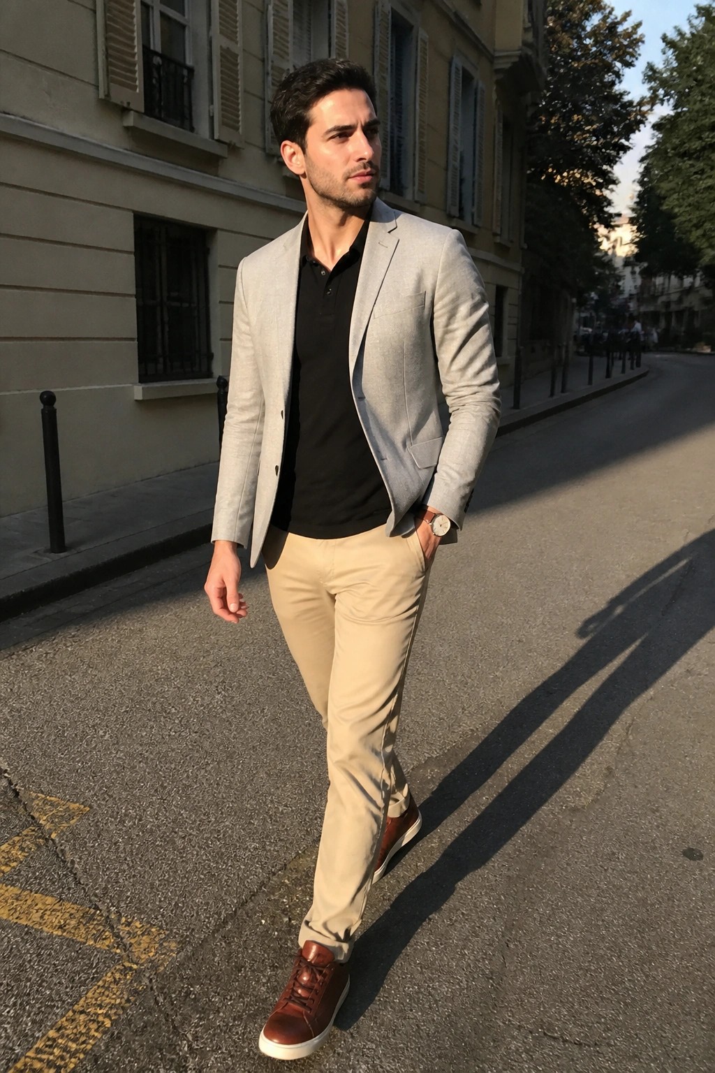 Man in gray blazer and beige pants walking on sunlit city street