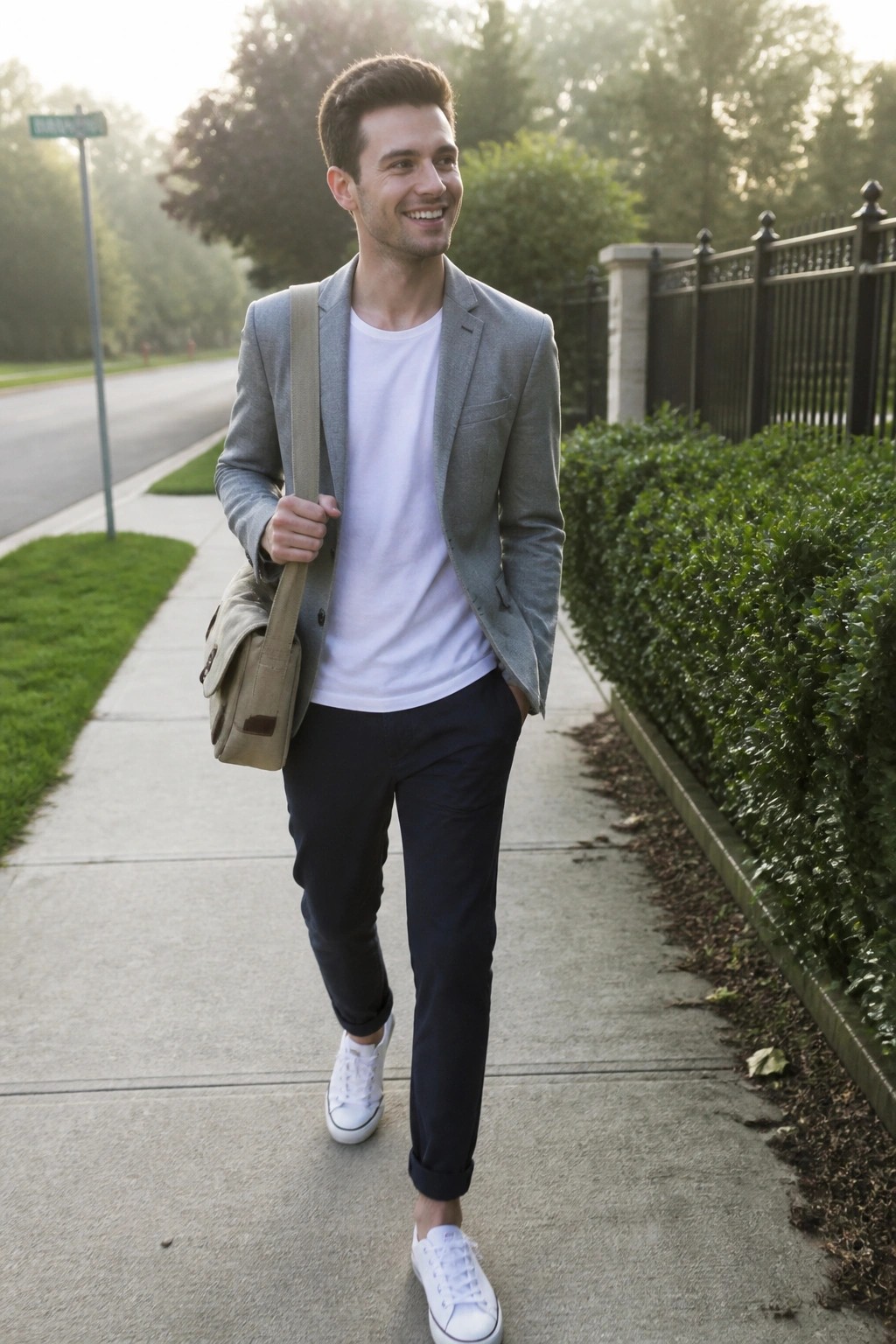 Man in gray blazer and white sneakers walks on sidewalk with beige bag