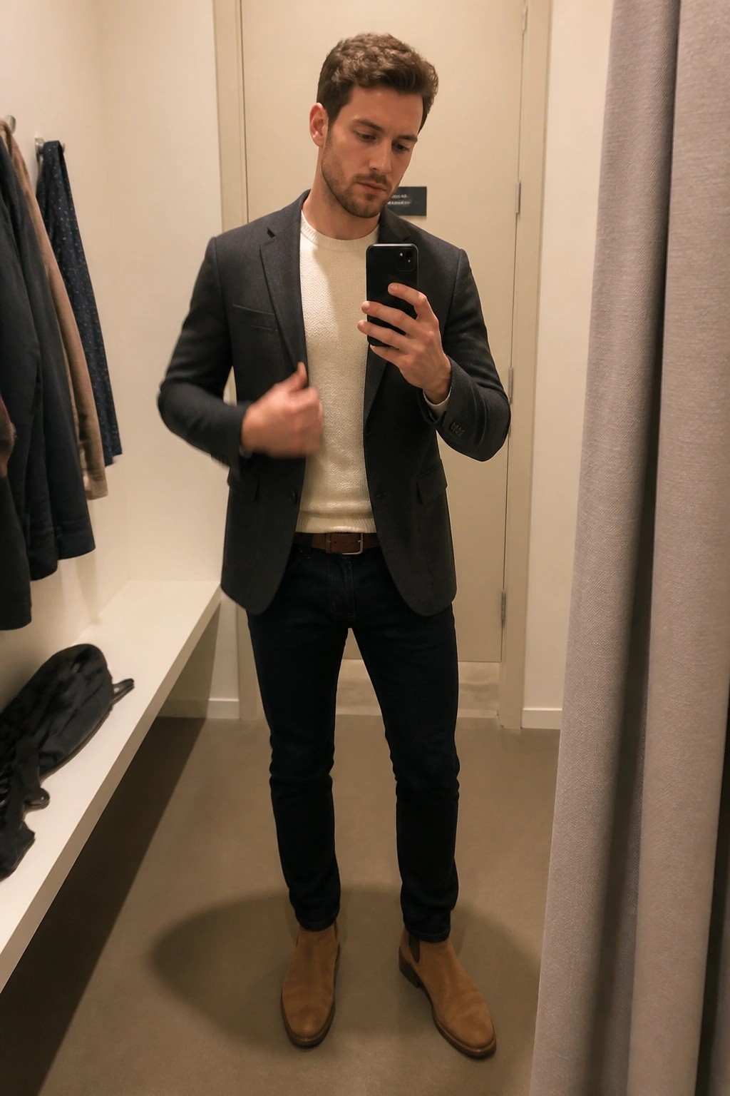 Man in gray blazer and cream sweater taking mirror selfie in fitting room