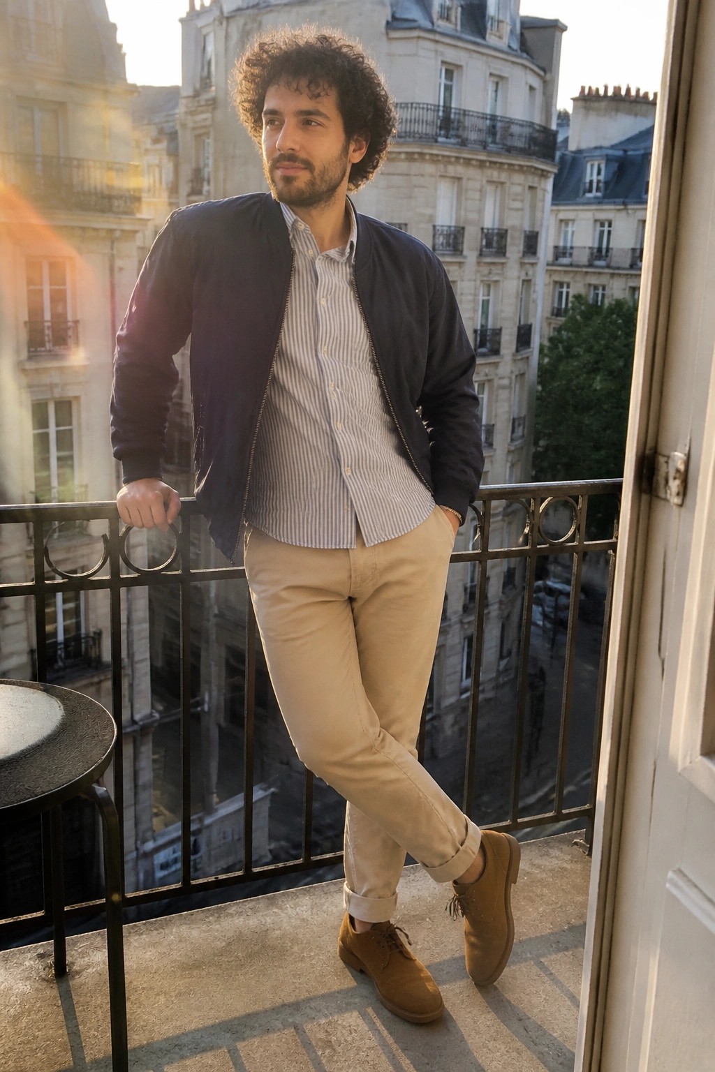 Curly-haired man in bomber jacket and beige pants on Paris balcony at sunset