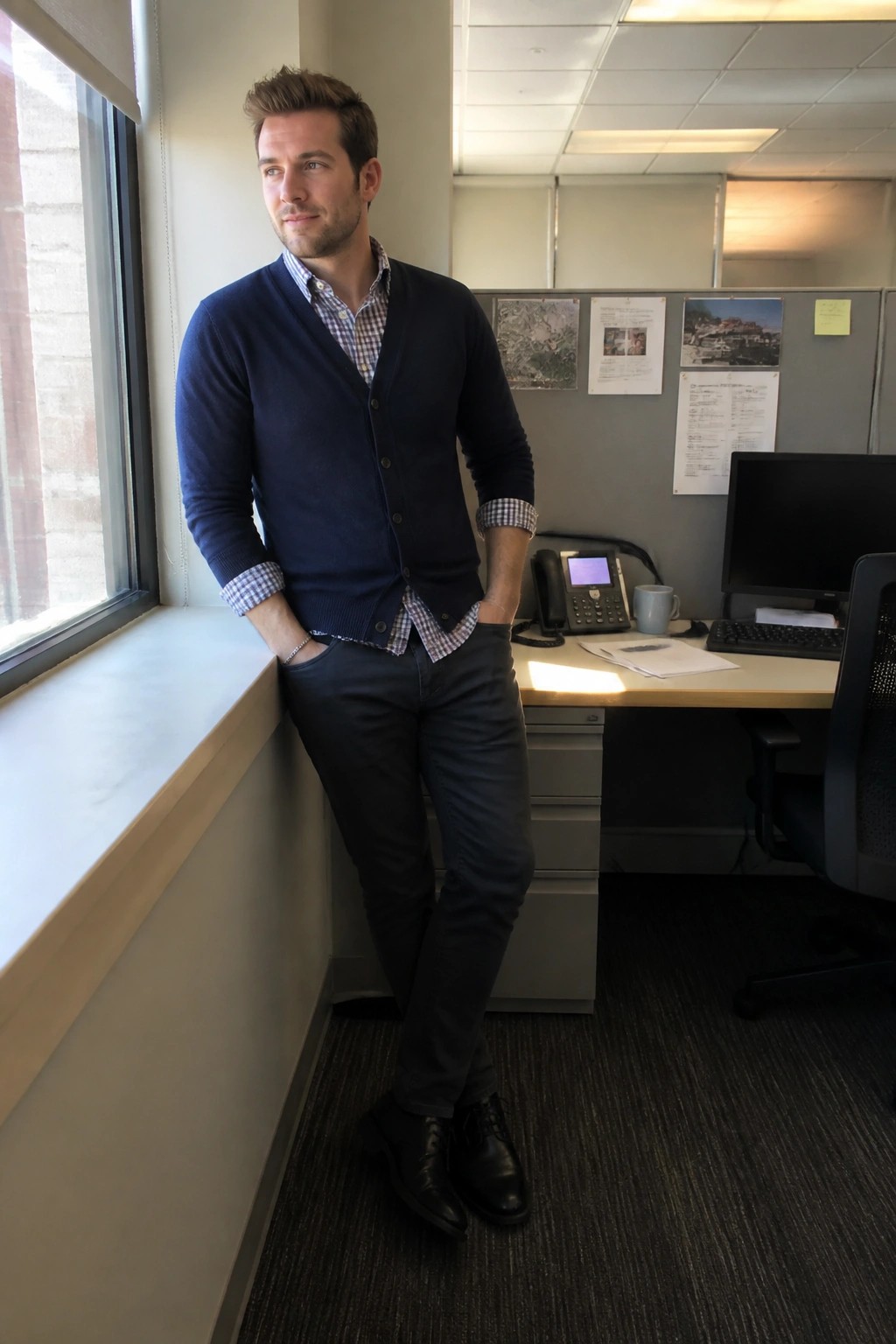 Man in navy cardigan over checkered shirt leans on office windowsill, hands in pockets