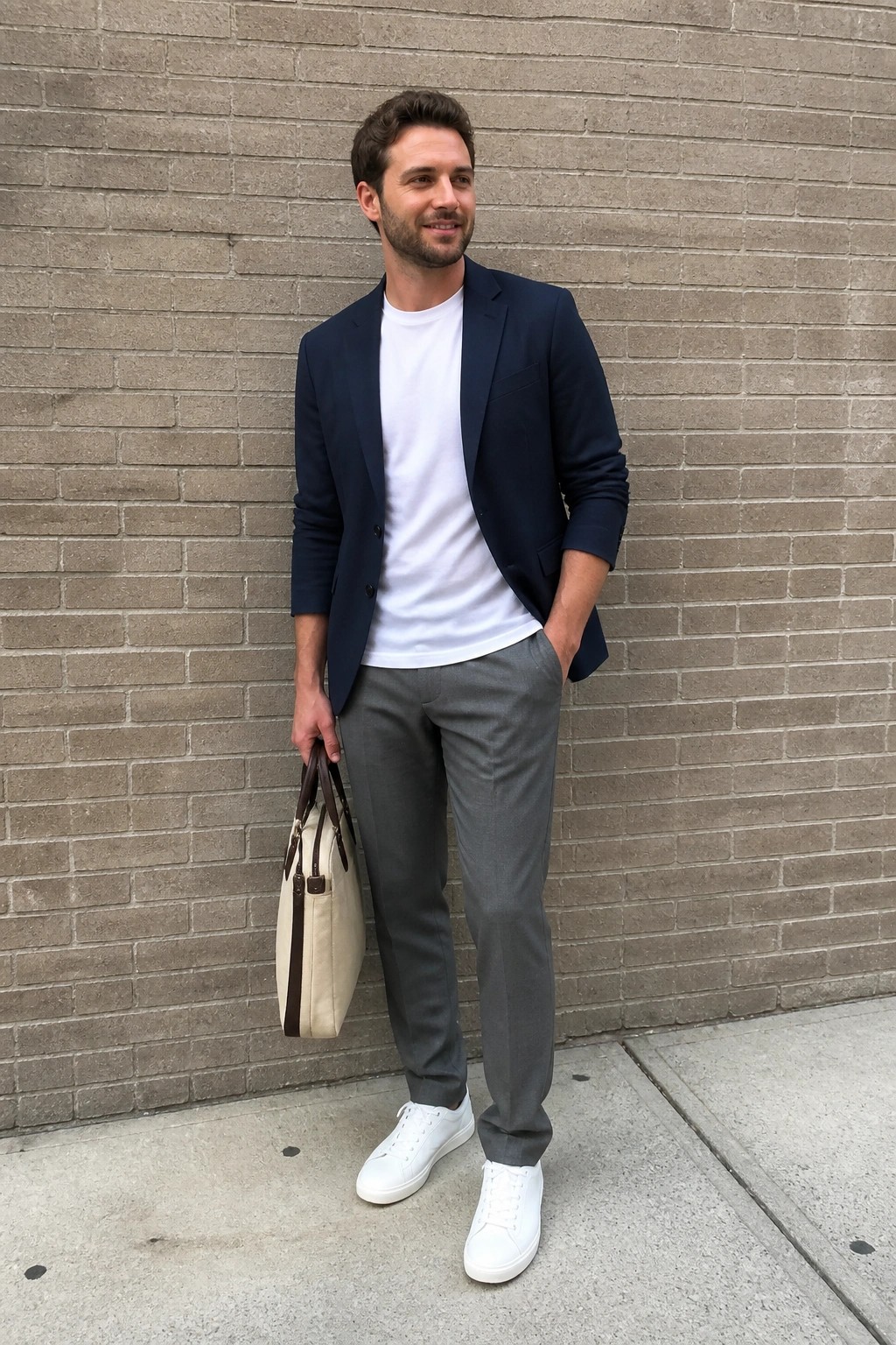 Man in navy blazer over white tee with gray trousers and white sneakers holding a canvas tote against a brick wall