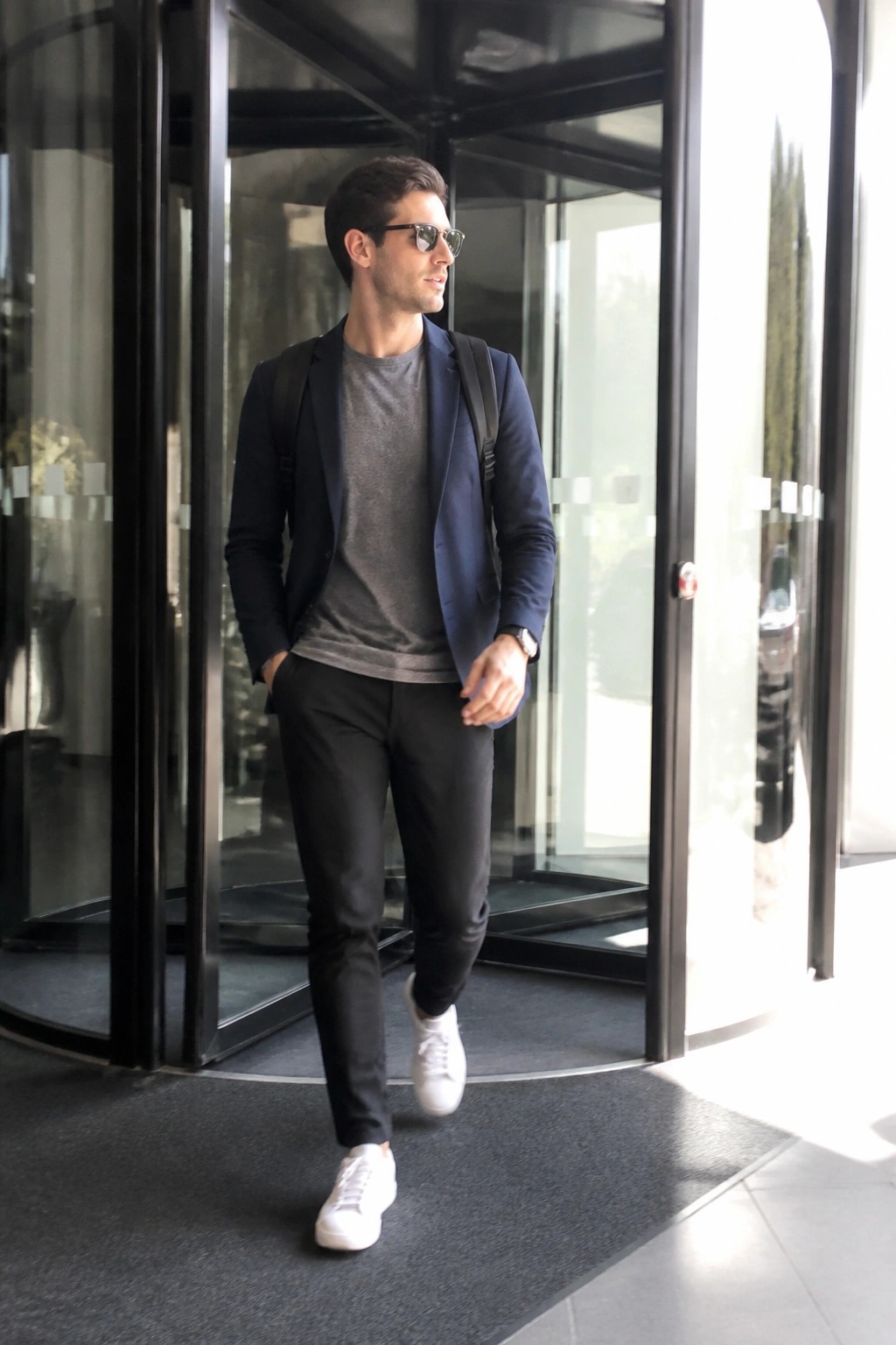 Man in navy blazer, gray tee, black pants and white sneakers with backpack by revolving doors.