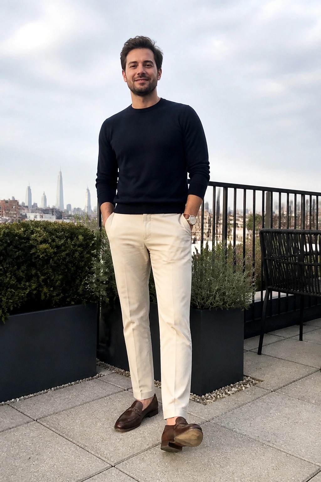 Man in navy sweater and cream pants posing on rooftop with city skyline behind