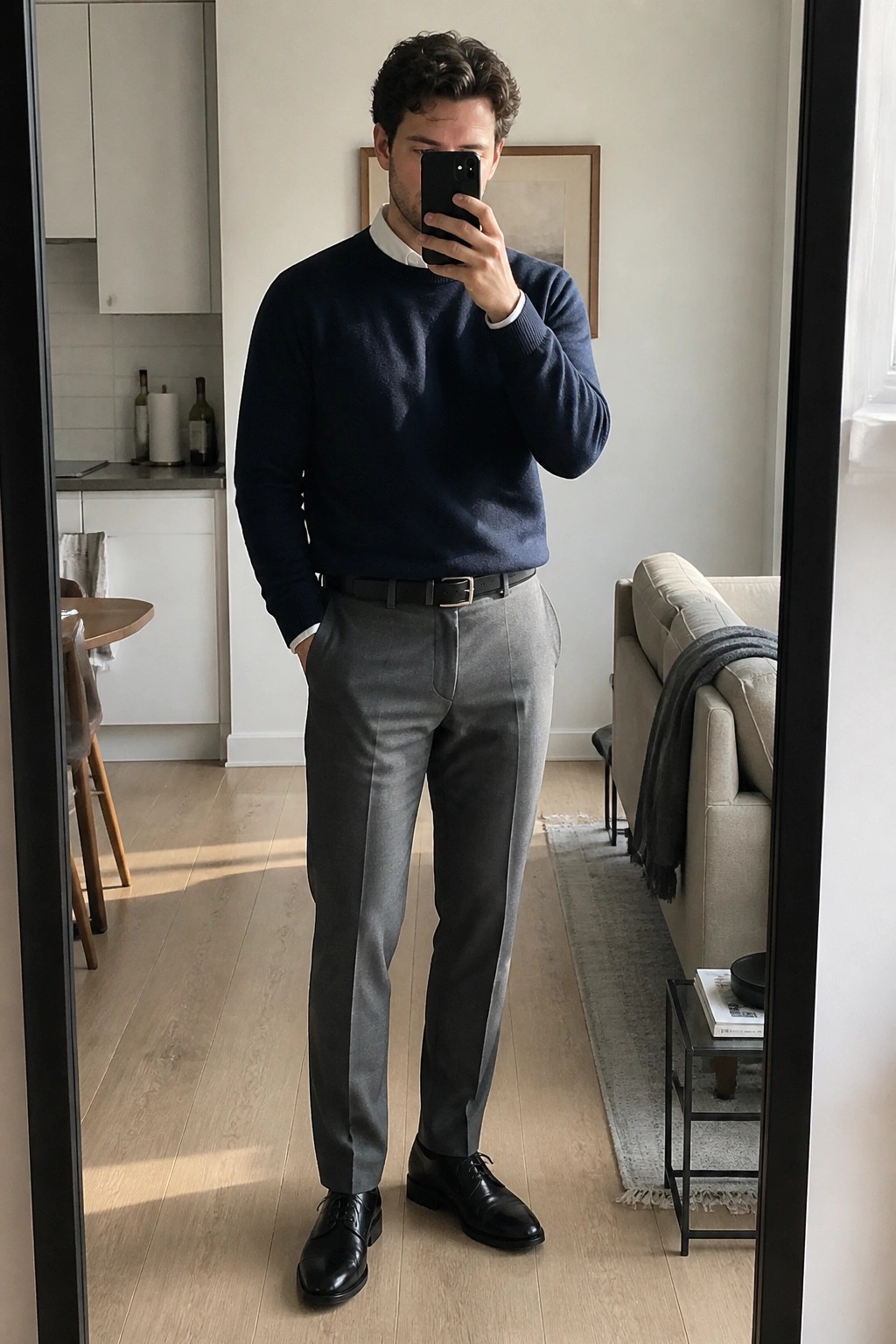 Man in navy sweater and gray trousers taking mirror selfie in modern apartment.