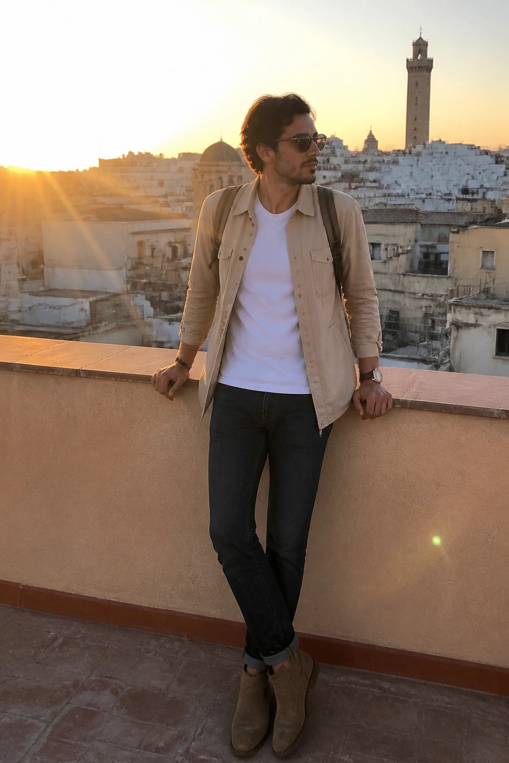 Man in beige overshirt and jeans leans on rooftop wall at sunset over city