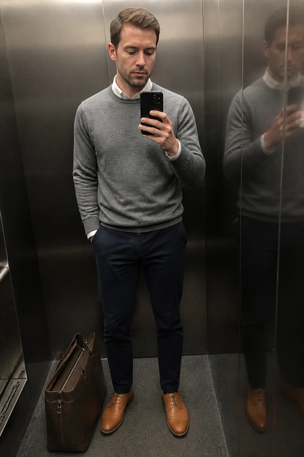 Man in gray sweater taking elevator mirror selfie, brown bag and shoes visible.