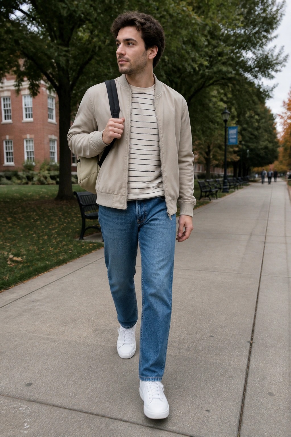 Young man in beige bomber jacket and blue jeans walks on campus path