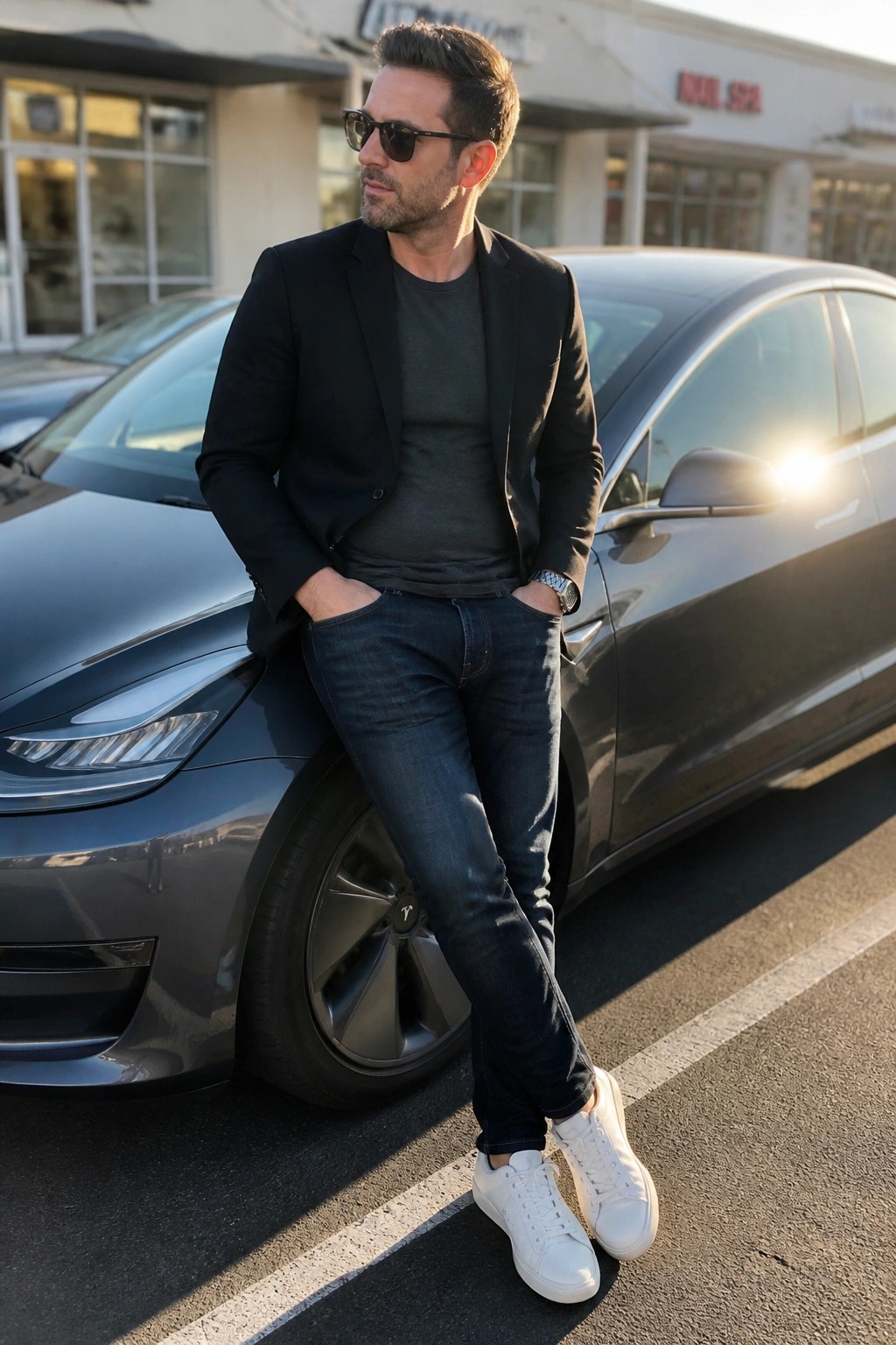 Man in black blazer and jeans leaning against dark Tesla in sunlight