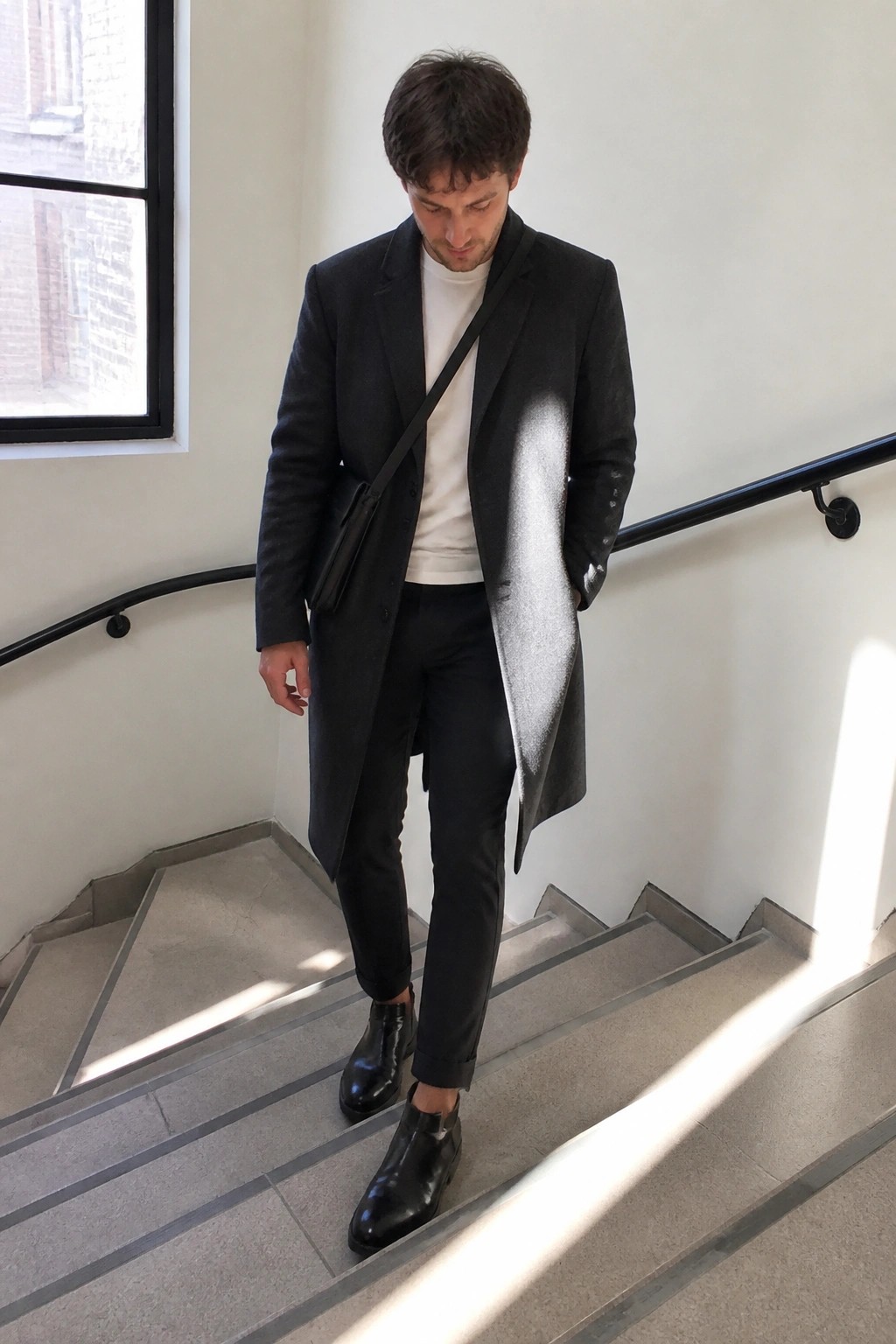 Man in black overcoat and white sweater on sunlit staircase with crossbody bag