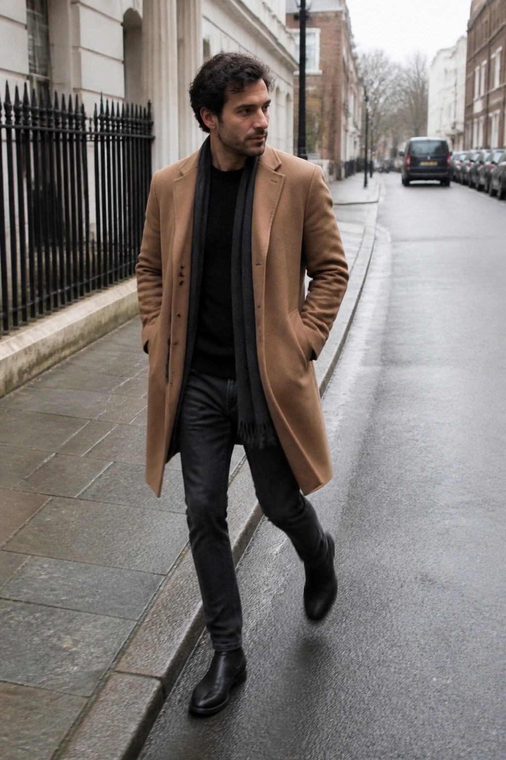 Man in tan overcoat and scarf walking on wet urban street