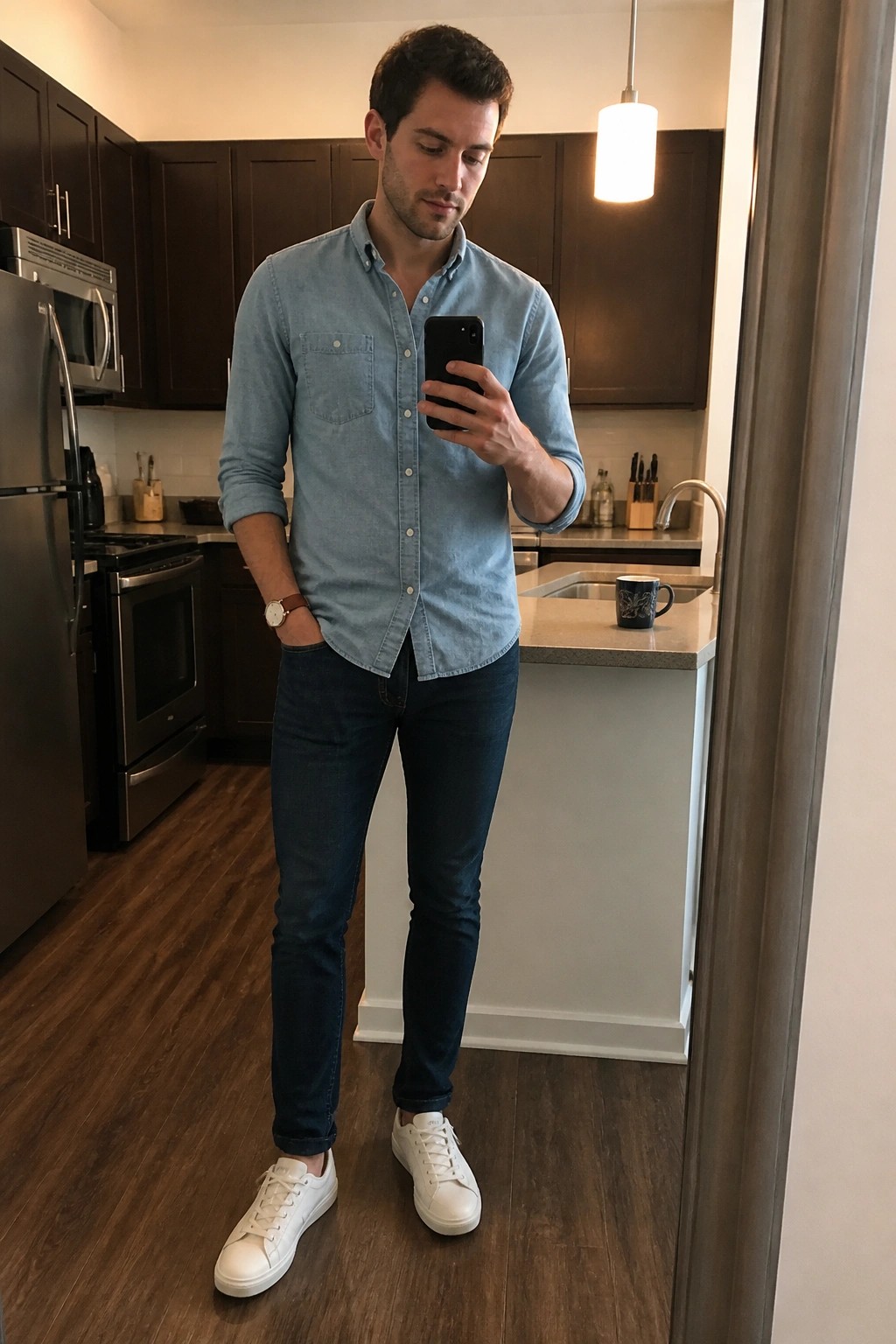 Man in light blue denim shirt and jeans taking mirror selfie in kitchen