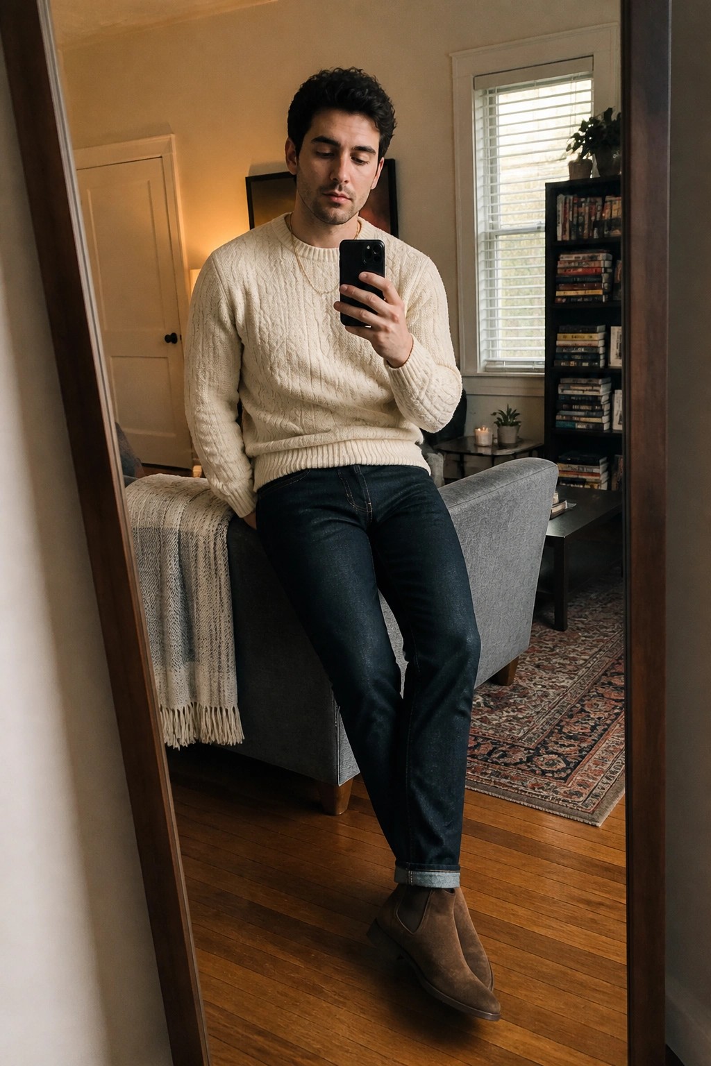 Man in cream cable-knit sweater and jeans taking mirror selfie in living room