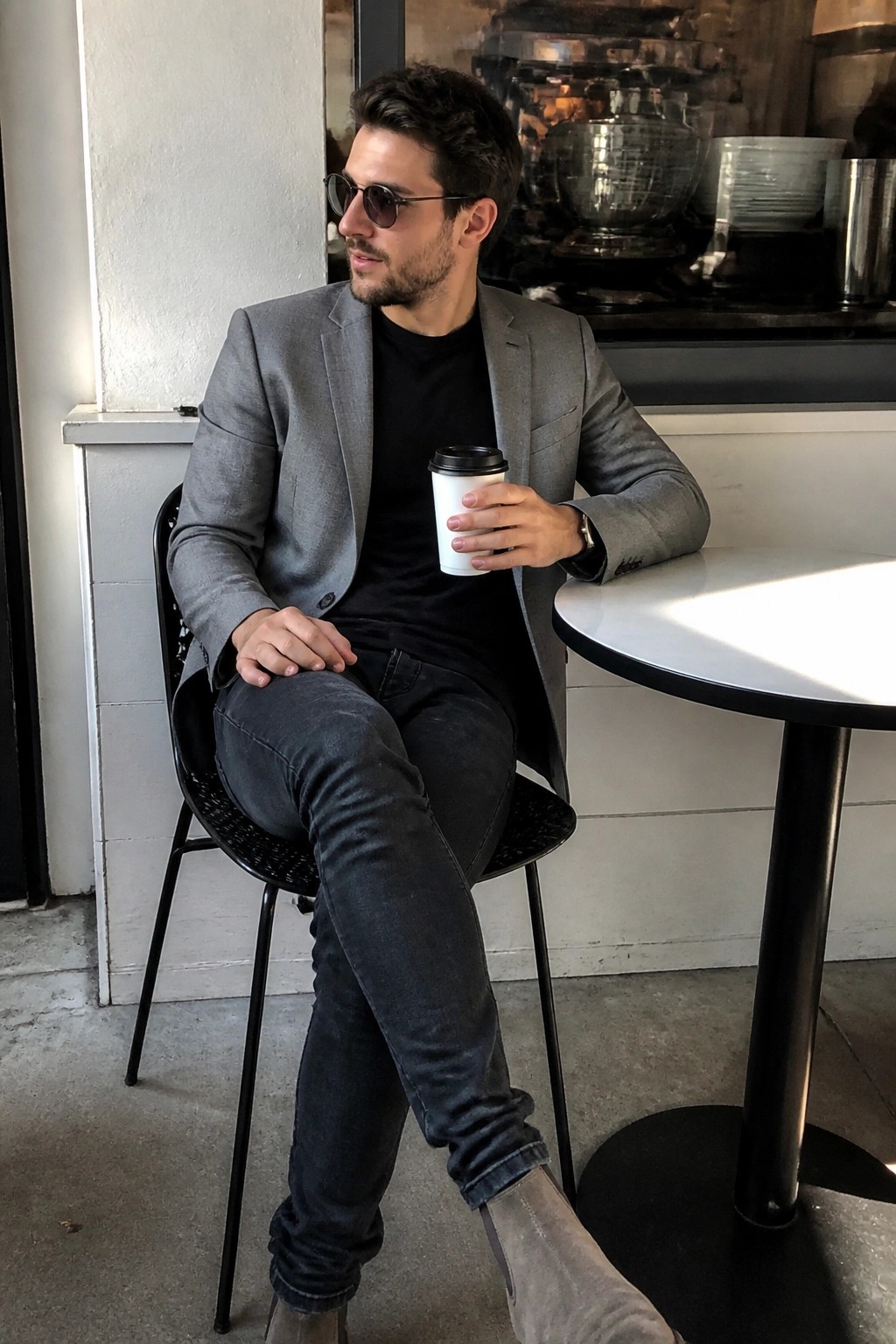 Man in gray blazer and sunglasses holds coffee at cafe table.