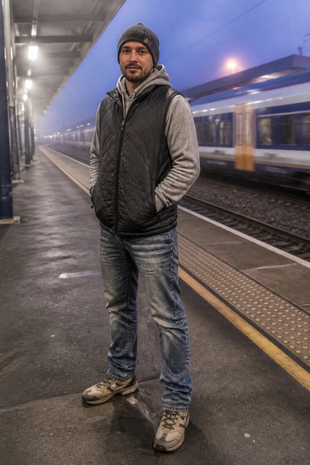 Man in beanie and black vest on foggy platform beside moving train.