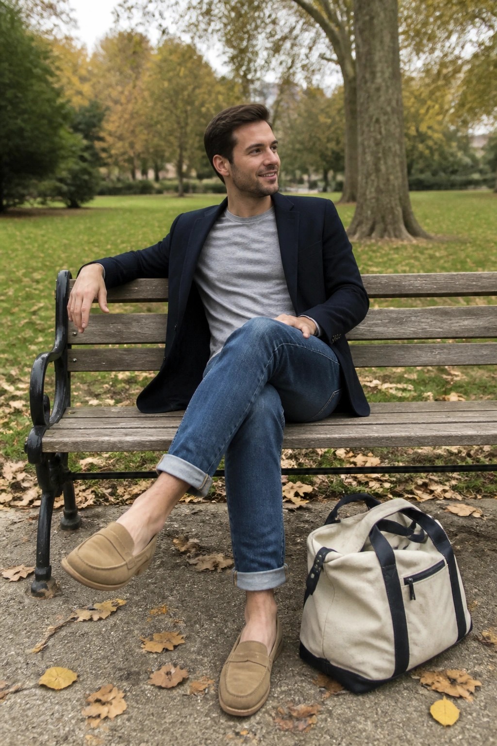 Man in navy blazer and jeans relaxes on park bench beside canvas duffel bag