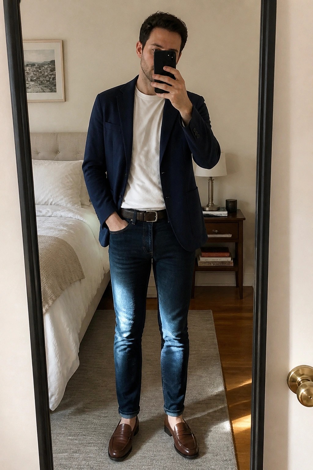 Man in navy blazer, white tee, blue jeans, and brown loafers taking mirror selfie