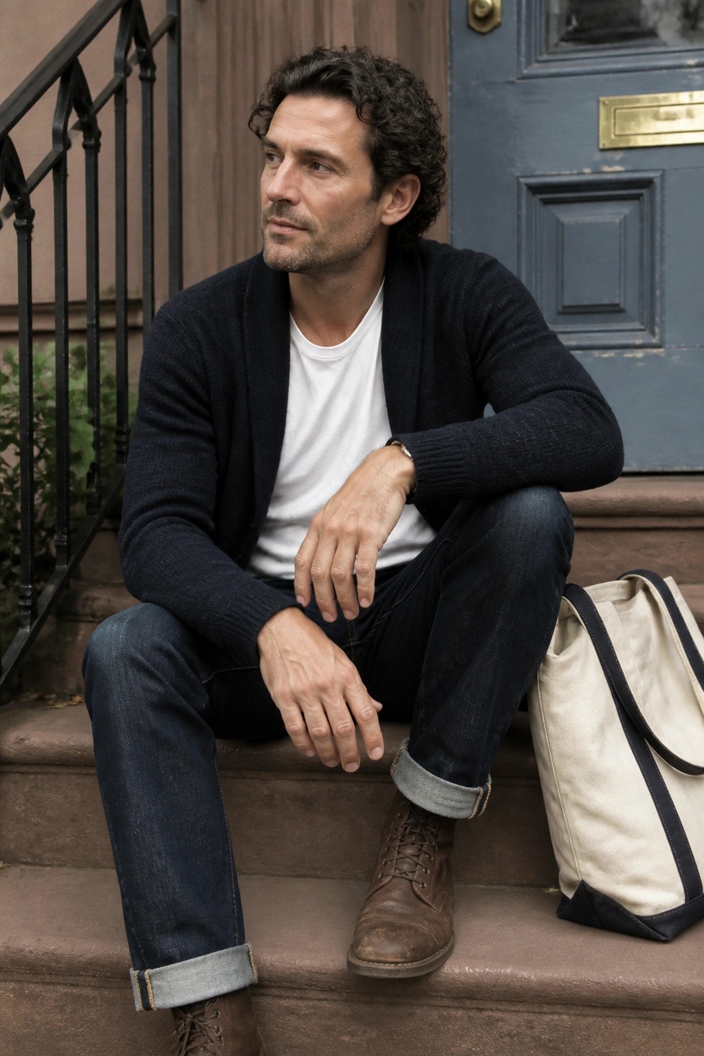 Man in navy cardigan and cuffed jeans sits on steps beside canvas tote bag