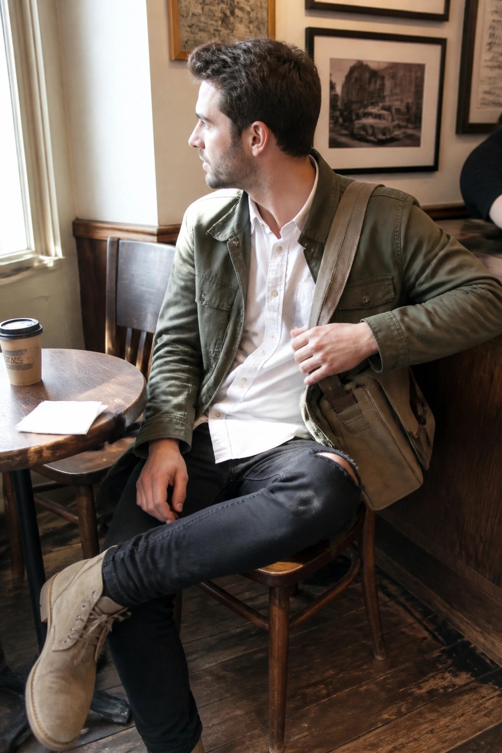 Man in green jacket over white shirt with messenger bag in cafe