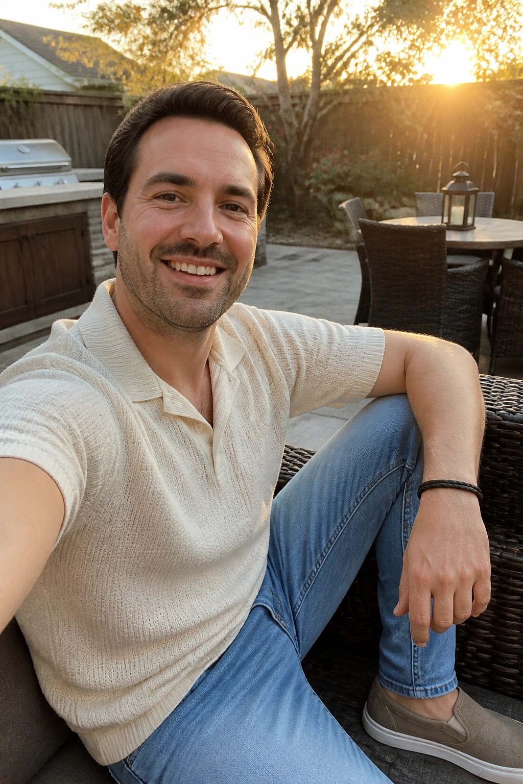 Smiling man in cream polo sweater and jeans on backyard patio at sunset