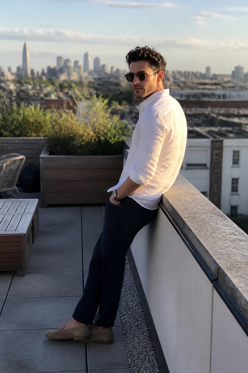 Man in white shirt and jeans leans on balcony overlooking city skyline at sunset