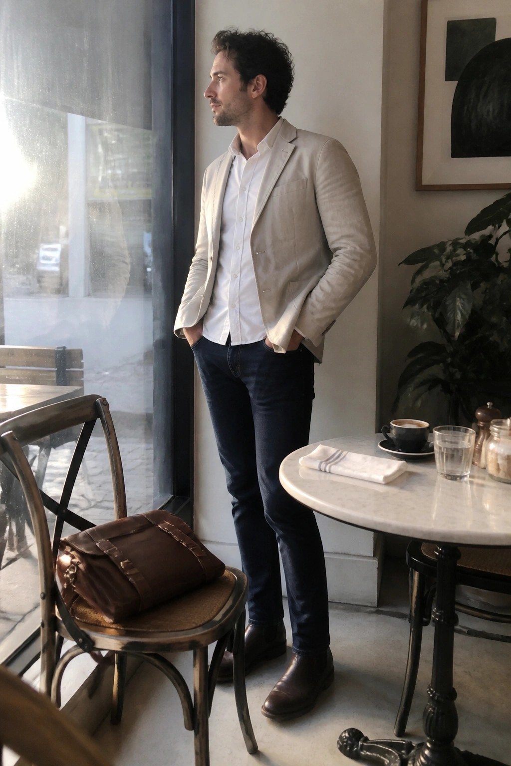 Man in beige blazer over white shirt stands in cafe beside leather bag on chair
