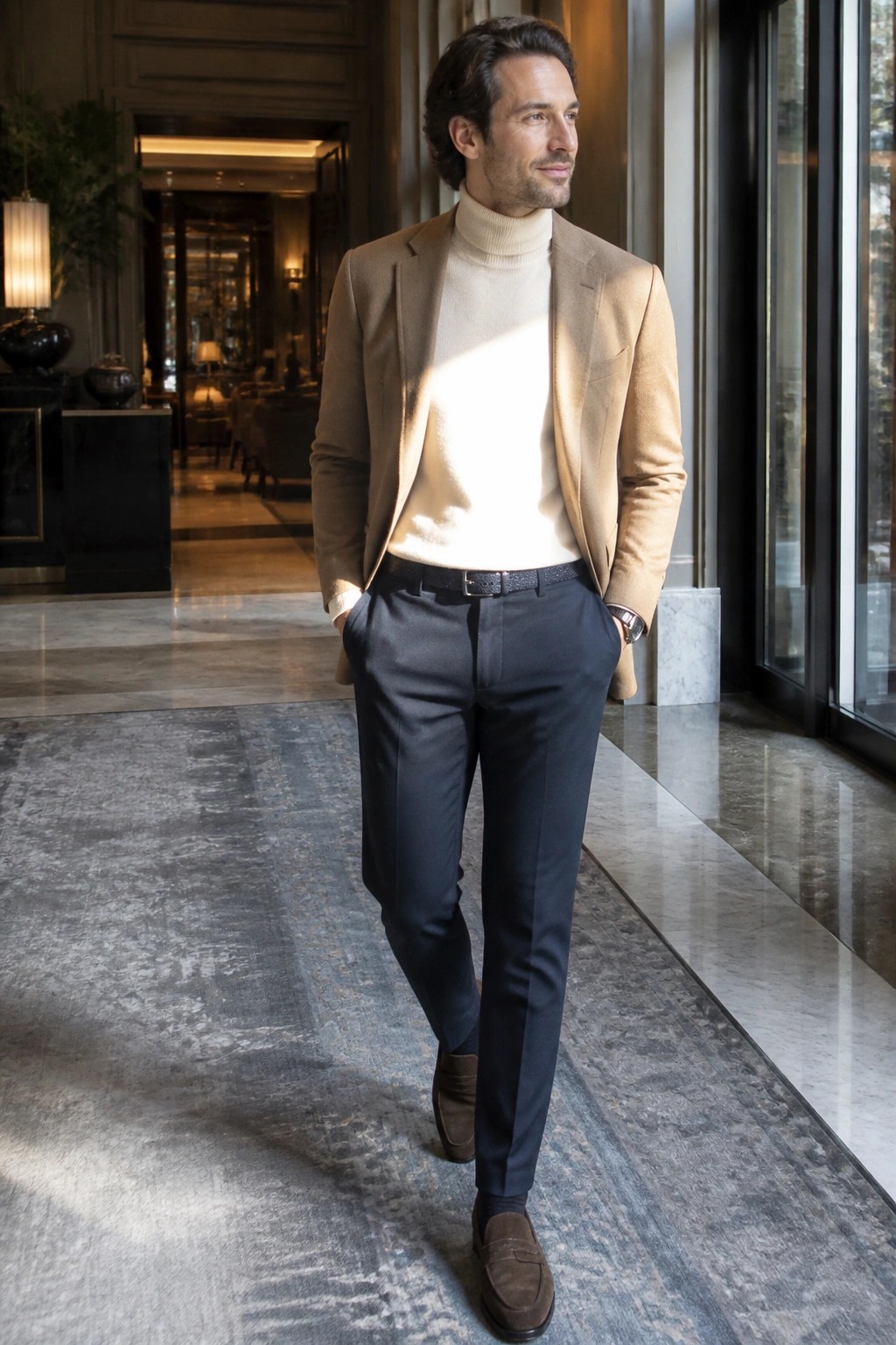 Man in tan blazer and cream turtleneck walks through elegant marble lobby