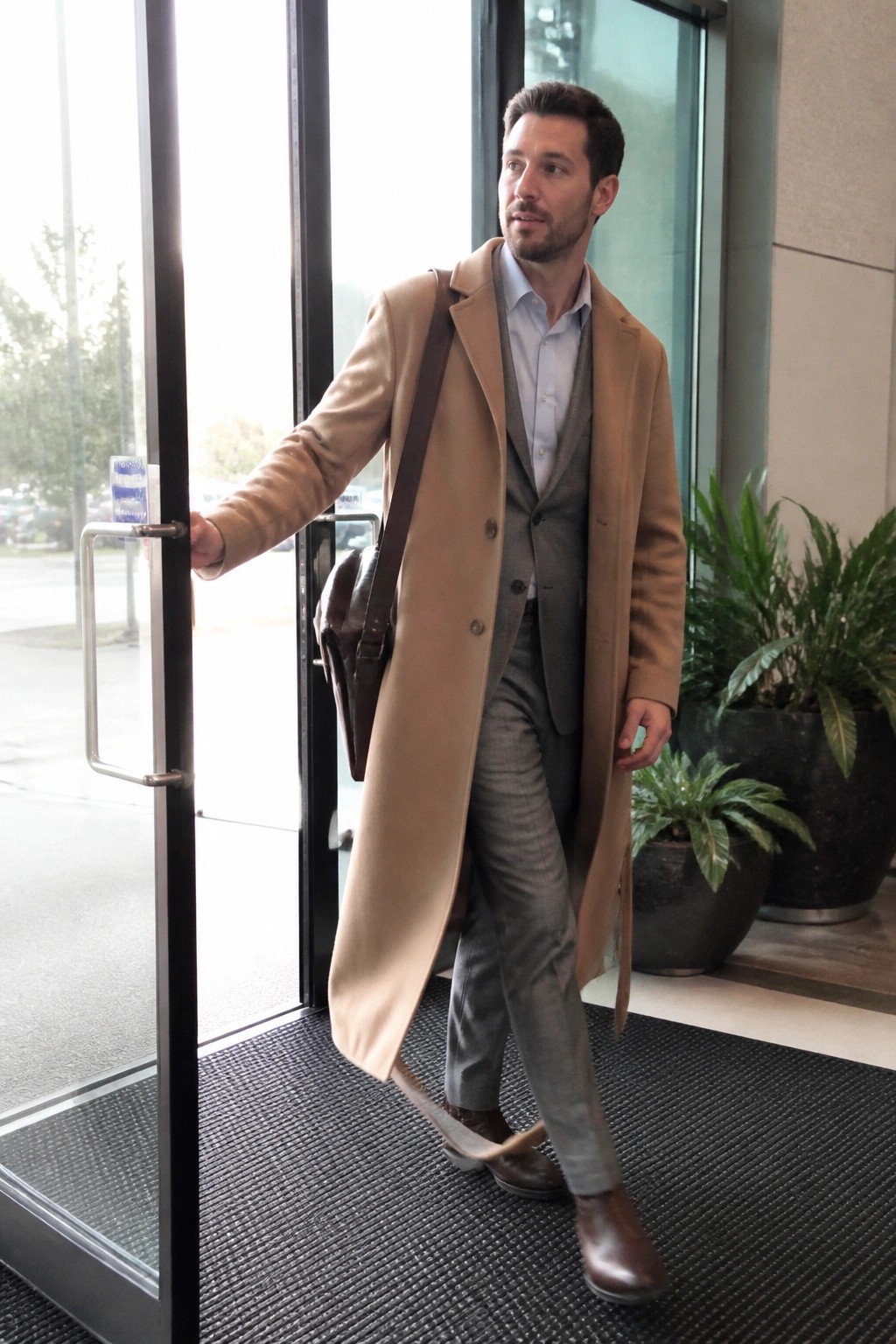 Man in tan overcoat over gray three-piece suit holding glass door with leather bag