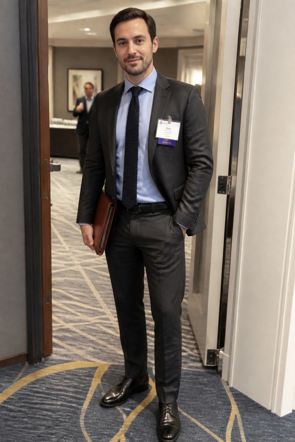Man in gray suit and blue shirt holds brown portfolio in hotel hallway