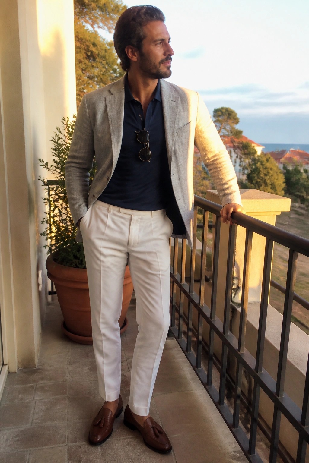 Man in light gray blazer, navy polo, and white pants on scenic balcony