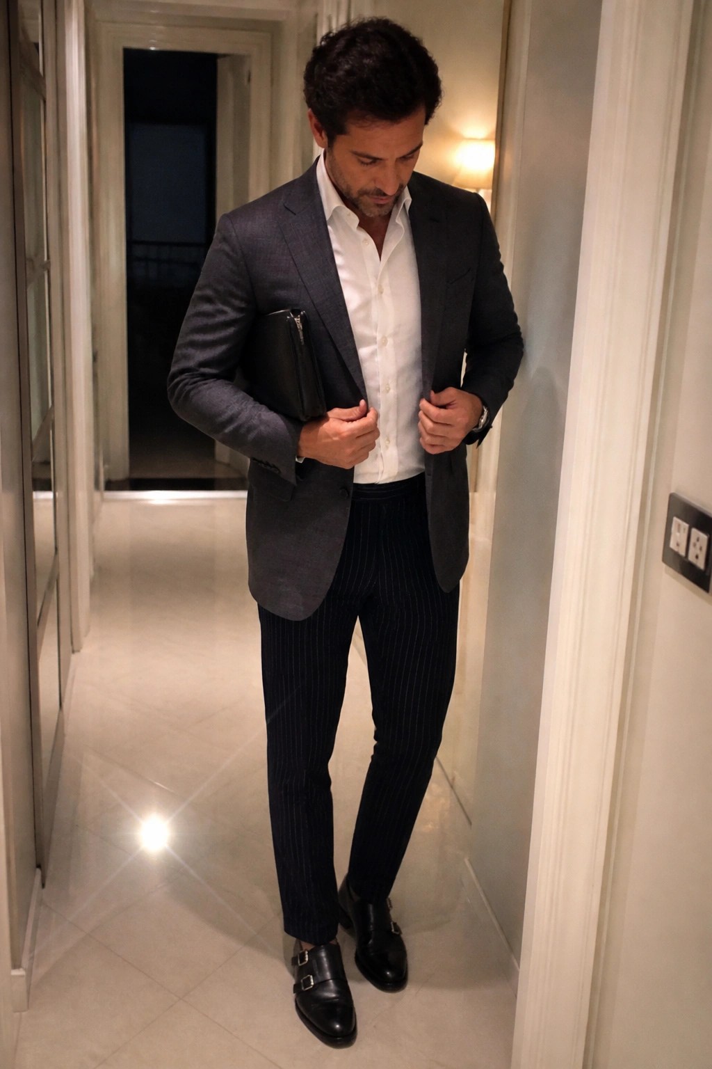 Man in gray blazer and pinstripe pants holding black clutch in hallway