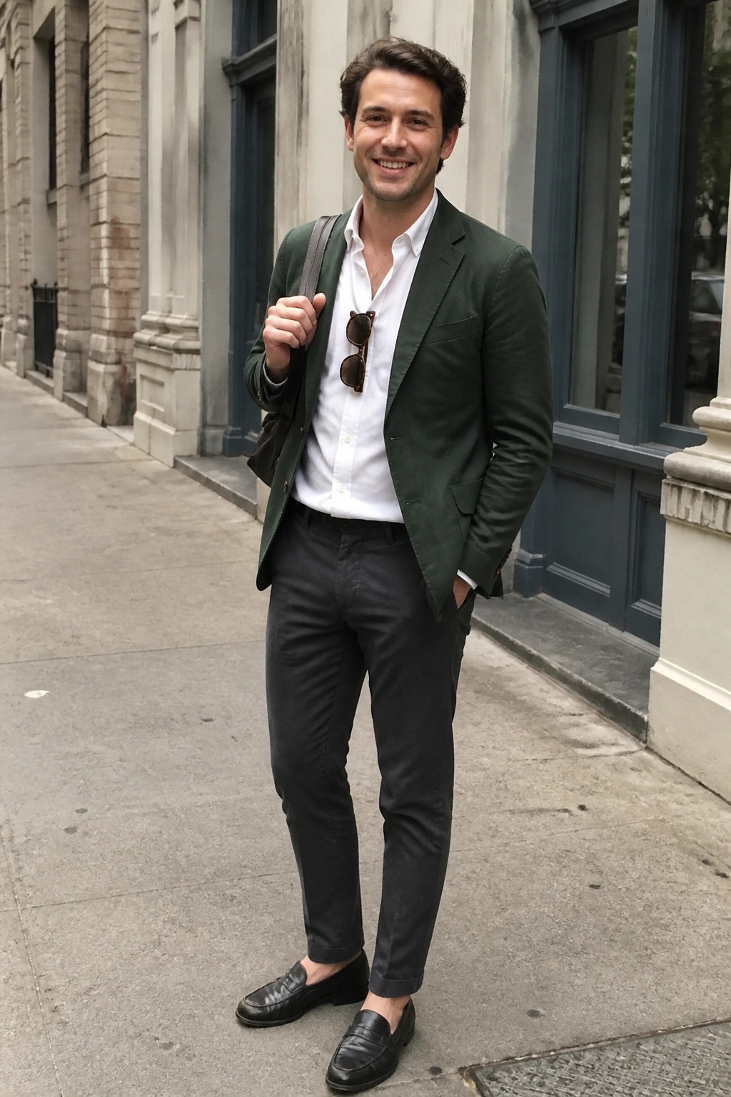 Man in green blazer over white shirt on city sidewalk holding sunglasses