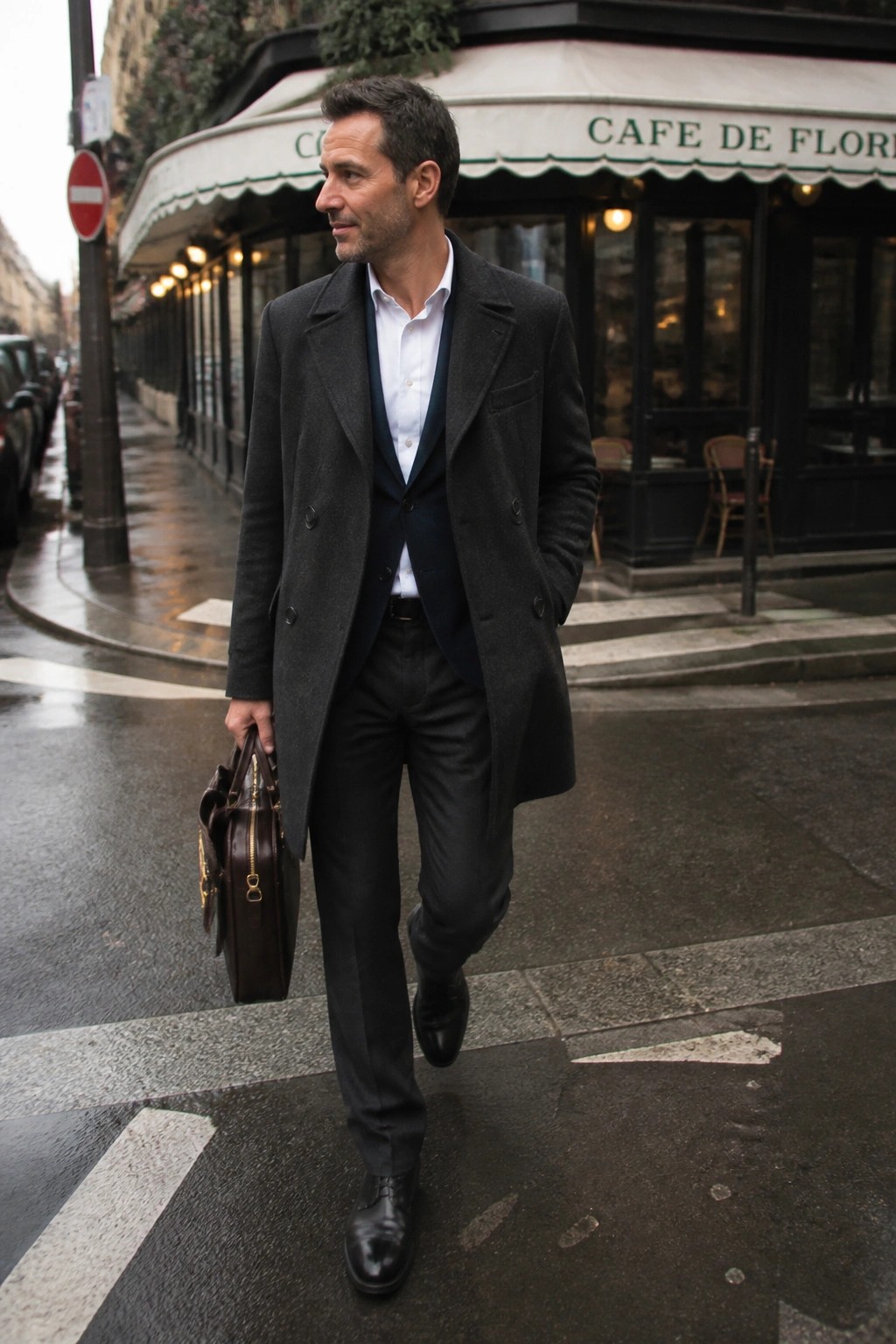 Man in dark overcoat and vest carrying brown bag on wet Paris street