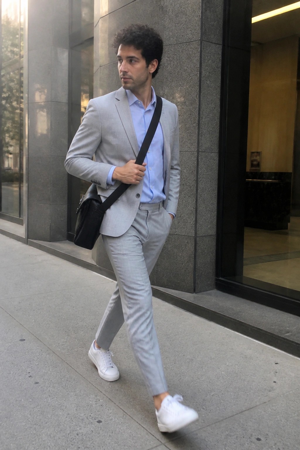Man in light gray suit with blue shirt and white sneakers carries black bag on sidewalk.