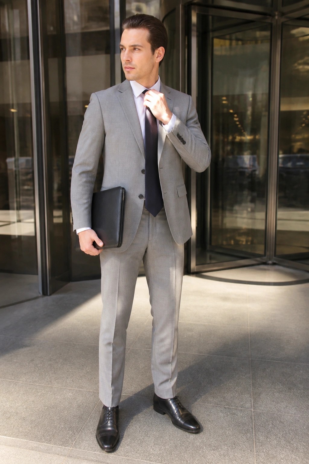 Man in gray suit adjusts dark tie while holding black portfolio at glass doors