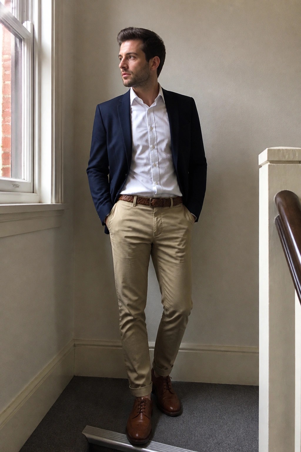 Man in navy blazer, white shirt, khaki pants, and brown shoes on staircase.