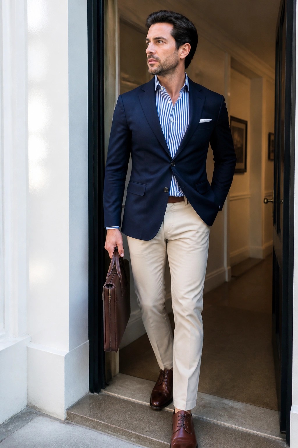 Man in navy blazer, striped shirt, beige pants holding briefcase in doorway
