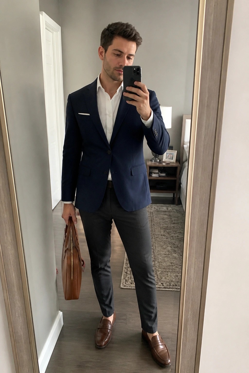 Man in navy blazer holds brown bag while taking mirror selfie in bedroom