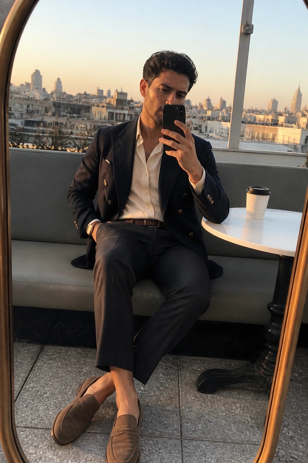 Man in navy blazer taking selfie on rooftop with city skyline at sunset