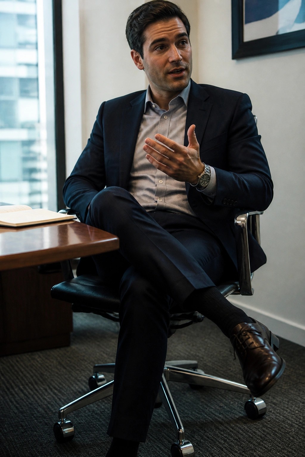 Man in navy suit gesturing from black office chair beside wooden desk