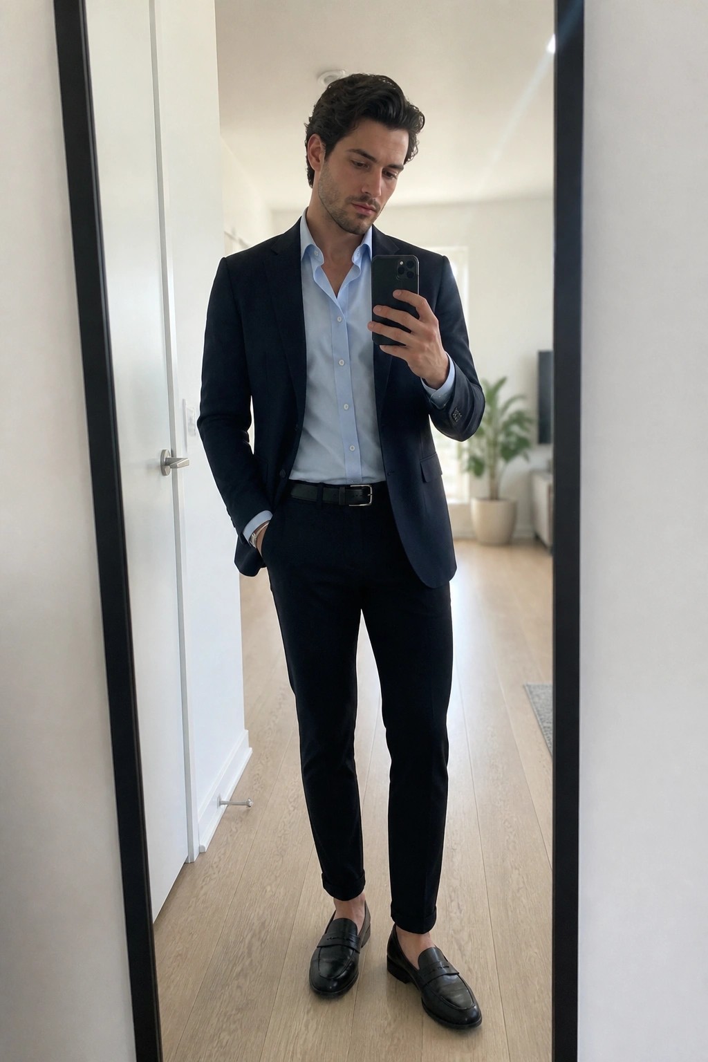 Man wearing a navy suit jacket and trousers with a light blue button down shirt and black loafers while holding a phone for a mirror selfie