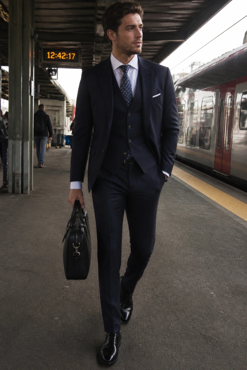 Man in navy three-piece suit walks on train platform holding black briefcase.