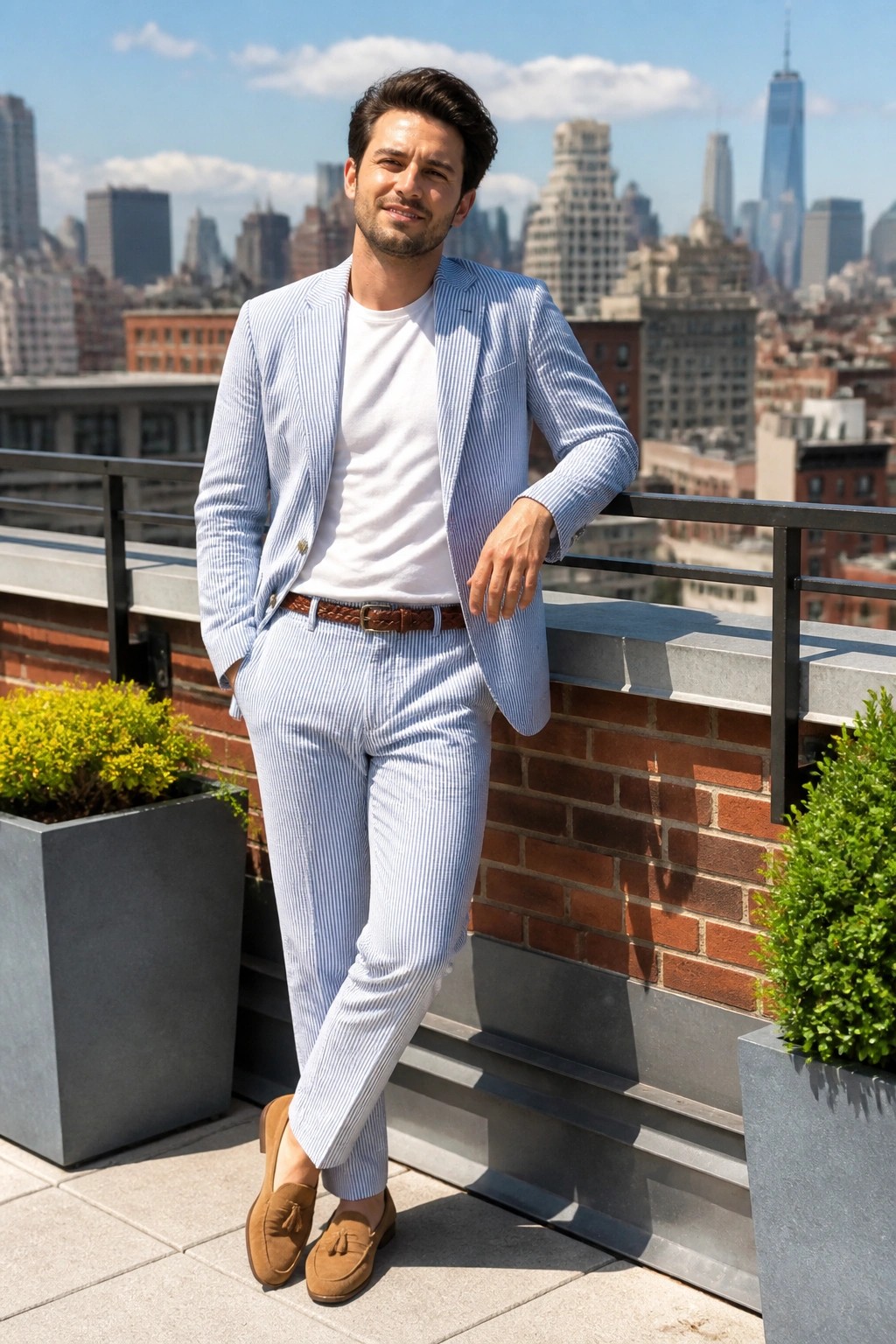 Man in light blue striped suit leaning on railing overlooking NYC skyline