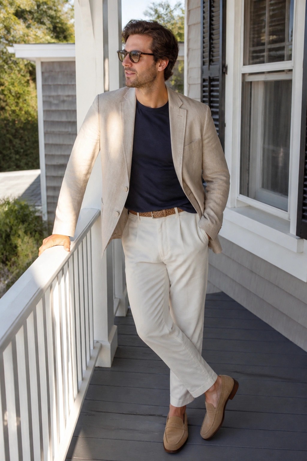 Man in beige blazer and cream trousers leaning on sunny porch railing