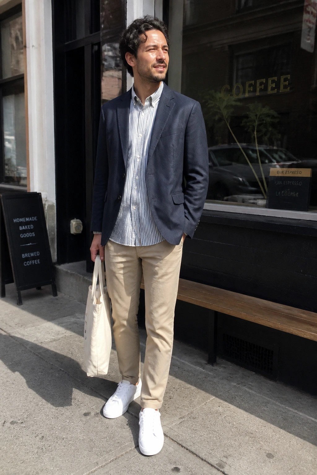 Man in navy blazer, striped shirt, beige pants holding tote outside coffee shop