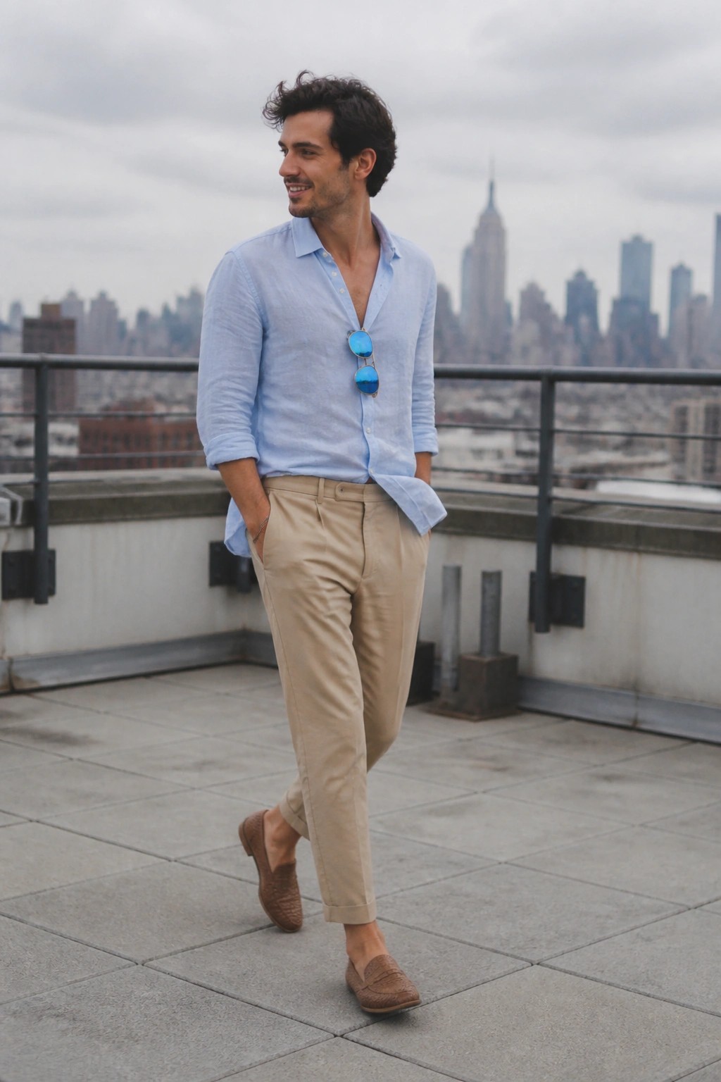 Man in light blue shirt and beige pants on rooftop with city skyline.