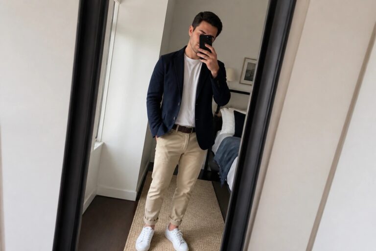 24 Sophisticated Business Casual Outfits Men Can Wear Beyond the Corporate Office Man in navy blazer, white t-shirt, khaki pants, and white sneakers taking mirror selfie.